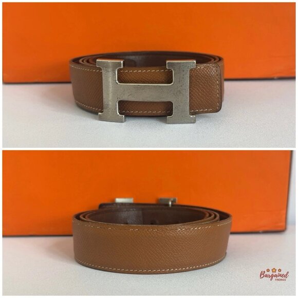 Authentic HERMES Brown Leather H Silver Reversible Buckle Belt B 100 main image 7